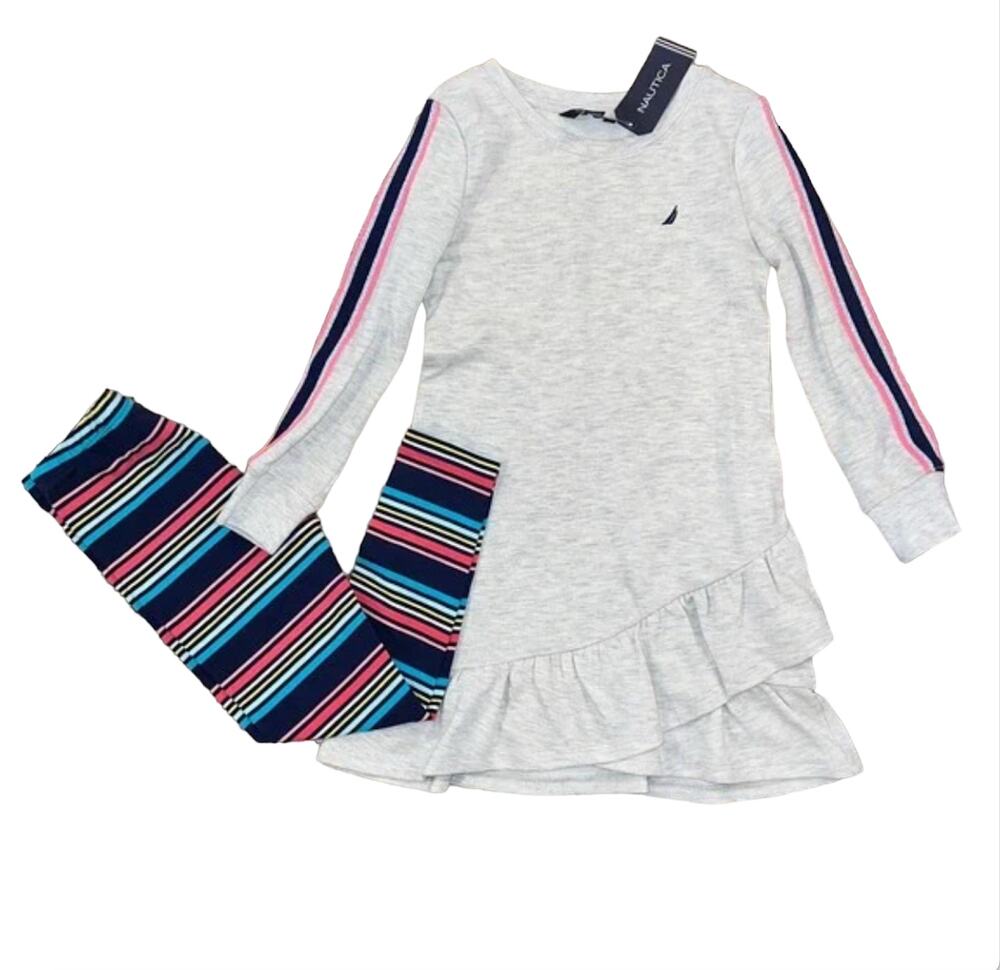 NWT Nautica Girls' Grey Ruffle Logo Dress (SZ 4) & Navy Stripe Leggings (SZ 4T)